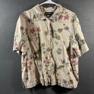 vtg women linen top large beige floral coastal beach vacation lagenlook boho
